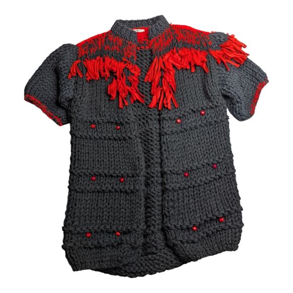 Vtg 1990s Black Red Handmade Fringe Trim Beaded Chunky Short Sleeve Cardigan L - Picture 1 of 3